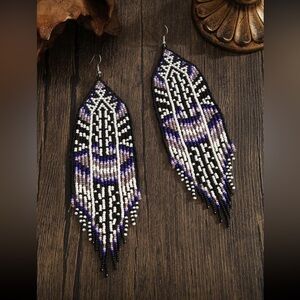 Elegant Beaded Dangle Earrings - Black, Purple, White